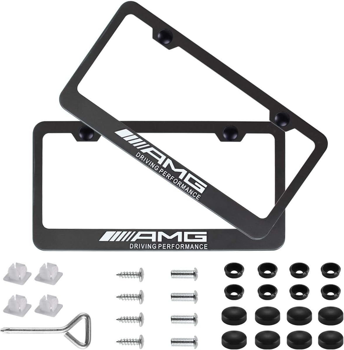Fubai Auto Parts 2pcs AMG Stainless Steel License for Mercedes-Benz Plate Frame with Screw Caps Cover Set, Matte Black