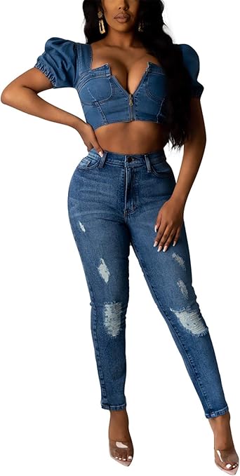 Womens Street Fashion Puff Sleeve Zip-up V-Neck Backless Tops Denim Blue Crop Top Camis at 