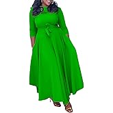 Baczoe Plus Size Dress for Curvy Women Stretch Self Tie A-Line Maxi Dress with Pockets Swing Long Outfit