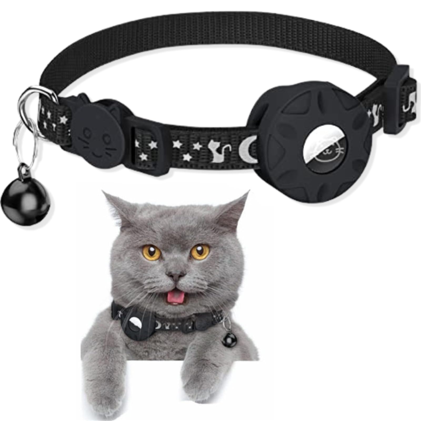 SUBORAWOS Airtag Cat Collar, Reflective Air tag Cat Collar with Airtag Holder and Bell, Lightweight Cat Tracker Collar, Cat AirTag Collar with Breakaway Safety Buckle for Cat Dog Kitten Puppy (Black) — image 1