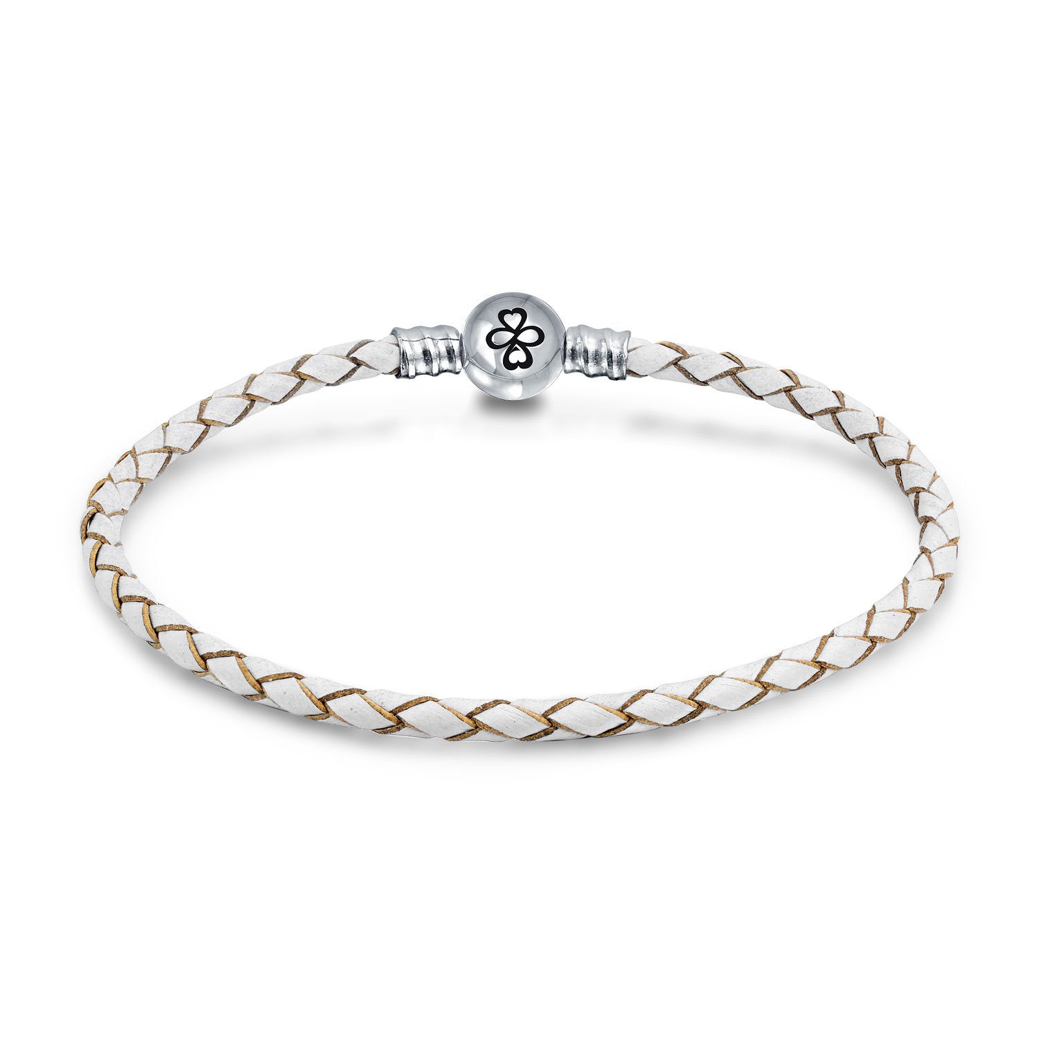 Bling Jewelry Ayllu Amulet Talisman Intertwine Symbol Braid Genuine White Leather Bracelet For Women Teens For Charms .925 Sterling Silver Round Barrel Clasp 8 Inch