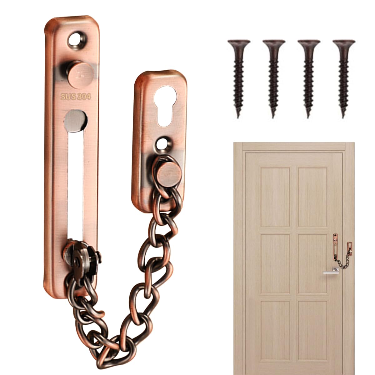 Anti-Theft Chain 304 Stainless Steel Door Chain with Screw Door Chain Lock for Interior Doors and Windows of Home Hotel (Red)