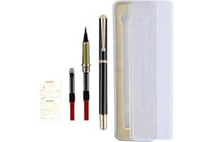 Huakaile Portable Pocket Metal Fountain Brush Pen with Case, Refillable Flexible Brush Tip Calligraphy Pen for Writing Lettering Illustration(1 Black Pen, 1 Pen Tip, 3 Ink Converters)