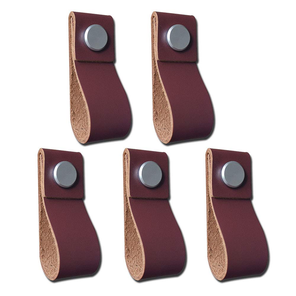 POFET 5pcs Handmade Leather Cabinet Door Handle Pulls Knob Dresser Drawer Door Handle Kitchen Pulls Knob - Dark Brown, 195x26mm - Light Brown