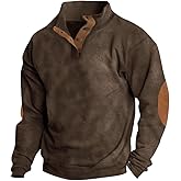 HARGLESMAN Mens Fashion Sweatshirts Casual Stand Collar Button Long Sleeve Fleece Cashmere Pullover Top Shirts with Suede Elbow Patches Warm Jacket Coat Apparel Cloth Brown L