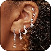 GWH Gold Earrings for Women - 18K Gold/Silver Plated Moon Star Hoop Stackable Cubic Zirconia Chain Dangle Earring Set Stacks for Multiple Piercings Jewelry for Women Sensitive Ears Non Tarnish