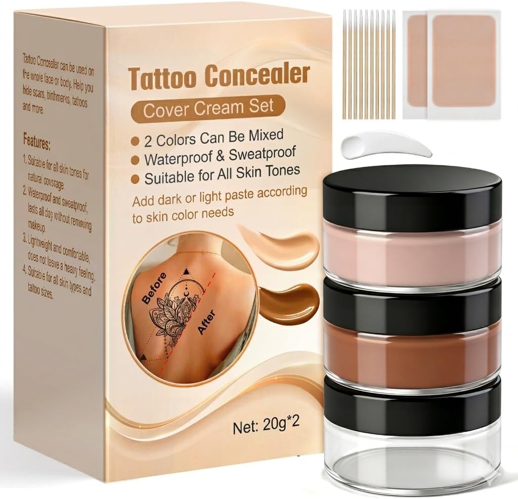 Tattoo Cover Up Makeup Waterproof, Sweatproof & Long-Lasting Tattoo Cover, 2 Colors Adjustable Makeup Concealer, Suitable for Bruise, Scars & Other Blemishes