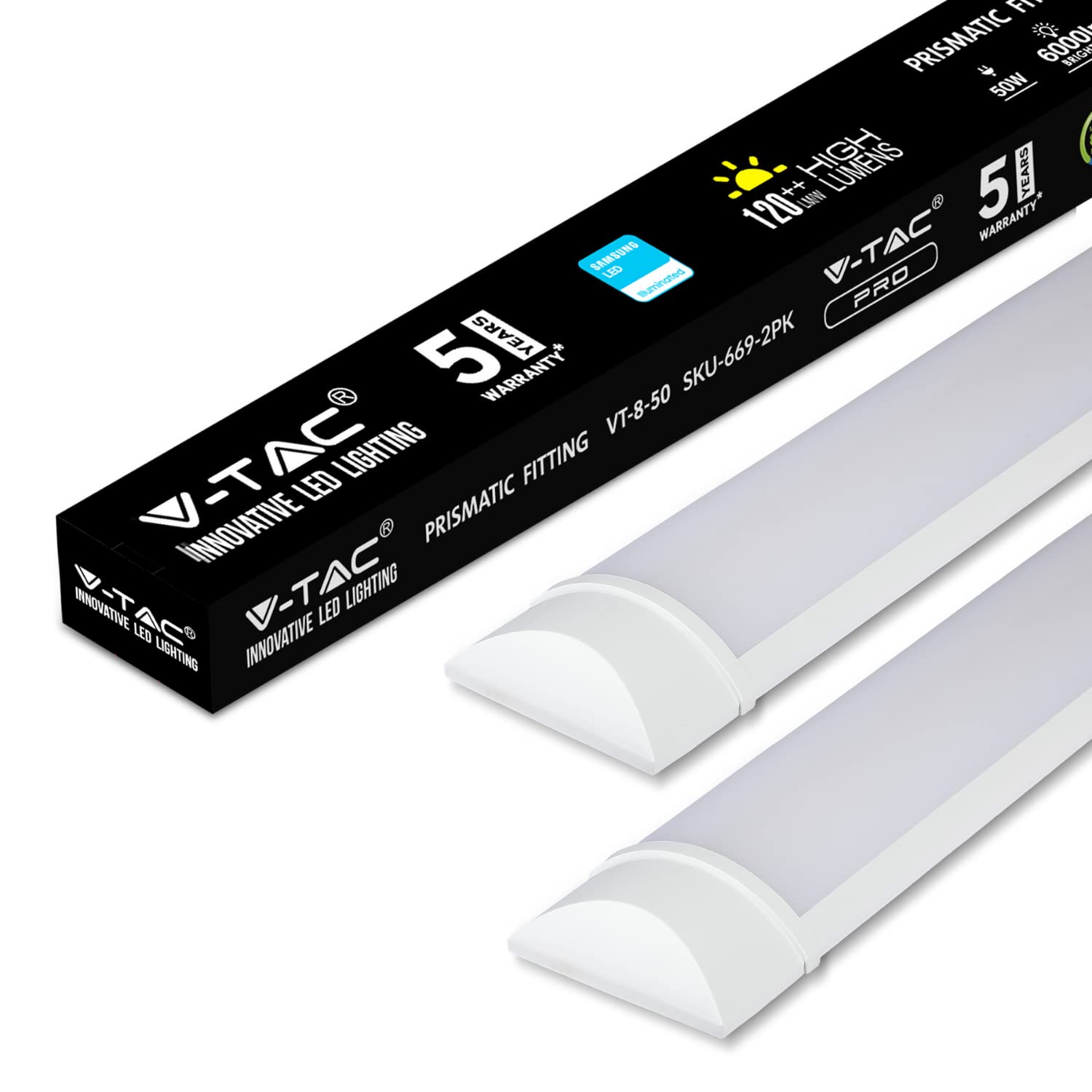 V-TAC LED Batten 50W 5Ft Tube | 6500K White | Wall and Ceiling Mounted Light for Shed, Kitchen and Garage | 150cm Samsung LED - 2 Pack