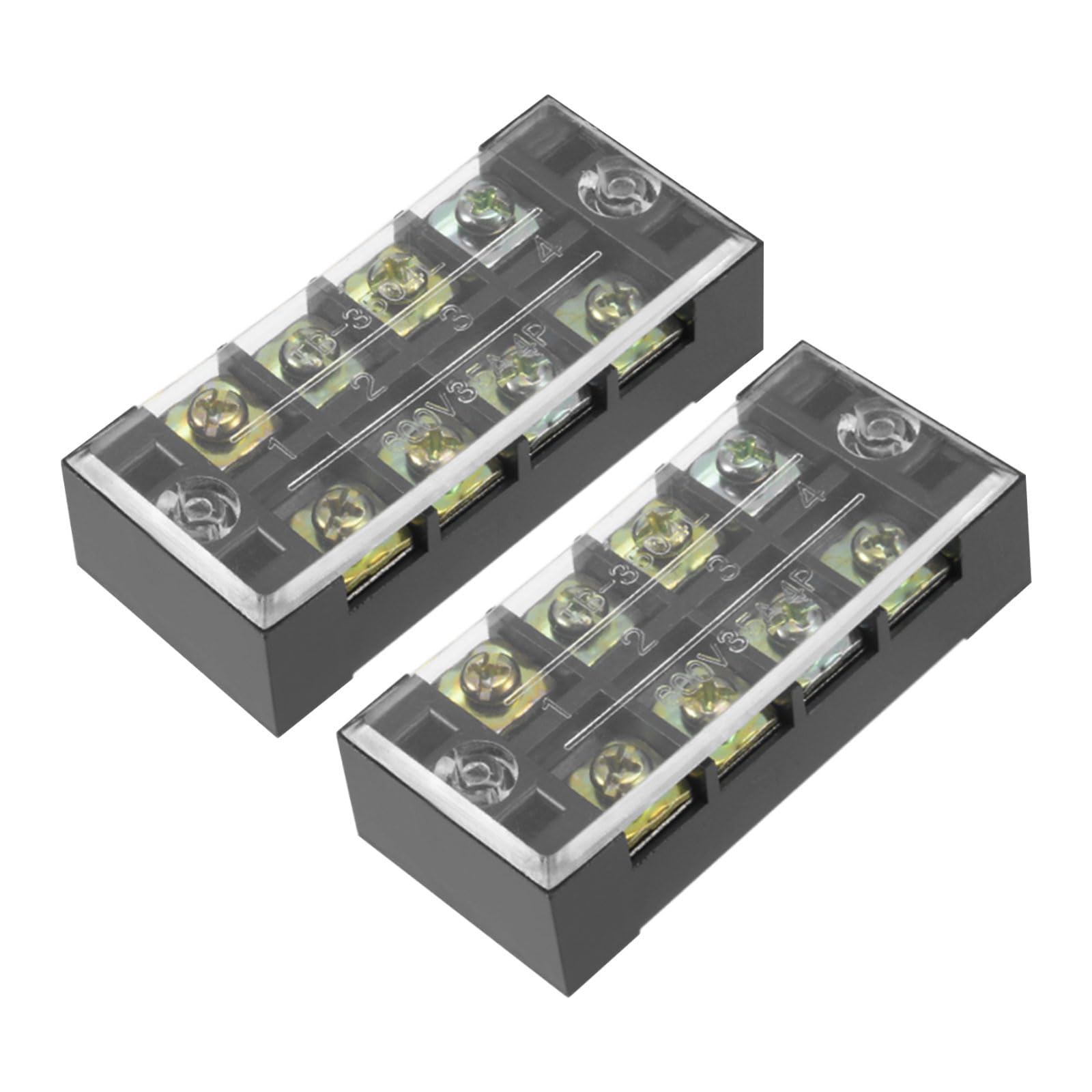 Rebower 4 Positions Dual Rows 600V 35A Terminal Strip Blocks Barrier Screws (with Cover), [for Wires Connecting, Electronic Circuits] - 2 Pack/Black/TB-3504L