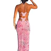 ABYOVRT Women Backless Butterfly Dress Sexy V Neck Sleeveless Open Back Maxi Dress Party Cocktail Bodycon Long Dress