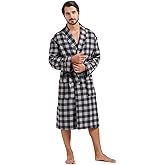 FashGudim Mens Buffalo Plaid Cotton Robe Lightweight Bathrobe Shawl Collar Kimono Sleepwear Loungewear House Robes