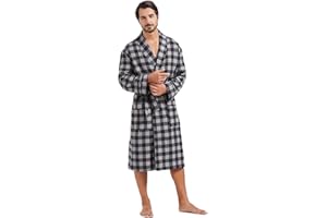 FashGudim Mens Buffalo Plaid Cotton Robe Lightweight Bathrobe Shawl Collar Kimono Sleepwear Loungewear House Robes
