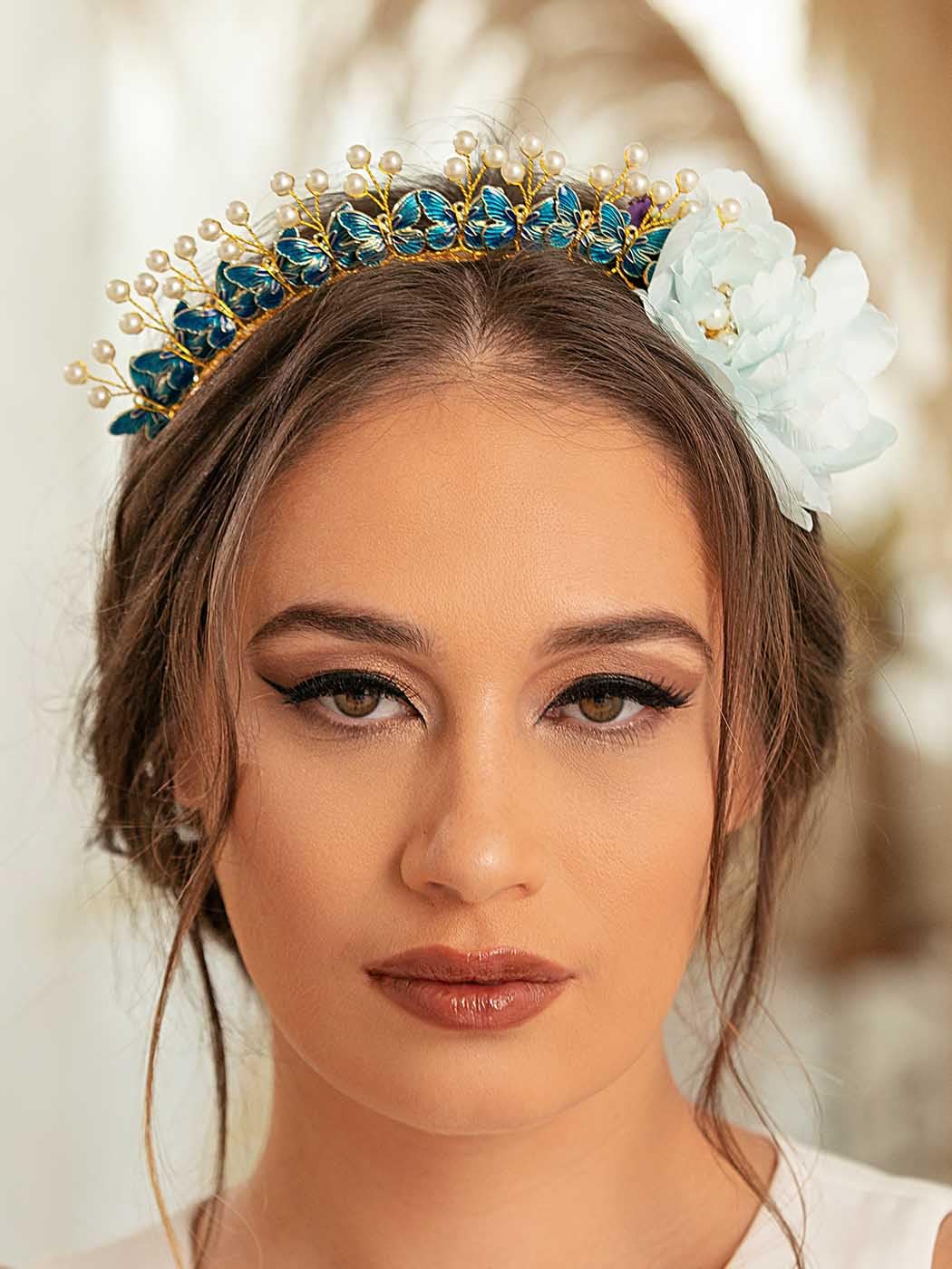 IYOU Butterfly Wedding Headband Flower Blue Halo Hair Bands Pearl Bridal Bride Hair Accessories for Women