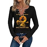 Vintage Halloween Tshirt Women Salem Witch Skull Ghost Graphic Tees Notched V Neck Long Sleeve Shirt Casual Fall Tops