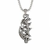 Men's Gothic typle Punk Hip Hop Rock Flying Dragon Wing with Skull Pendant Necklace, 316L Stainless Steel, Silver Stainless Steel Square Pearl Chain, Vintage Halloween Jewelry