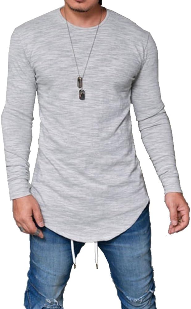 Pxmoda Mens Long Sleeve Hipster Hip Hop Basic Curved Hem T Shirt