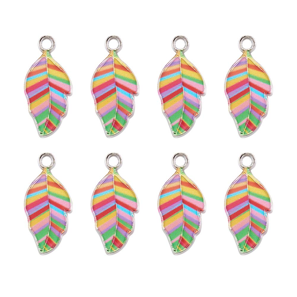 Beadthoven 20pcs Colorful Leaf Enamel Charms Rainbow Striped Metal Tree Leaves Dangle Charms Hawaii Style for Jewelry Making Earring Necklace Bracelets