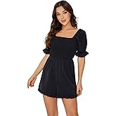 WDIRARA Women's Summer Square Neck Flounce Short Sleeve Romper Shirred Ruffle Hem Jumpsuit