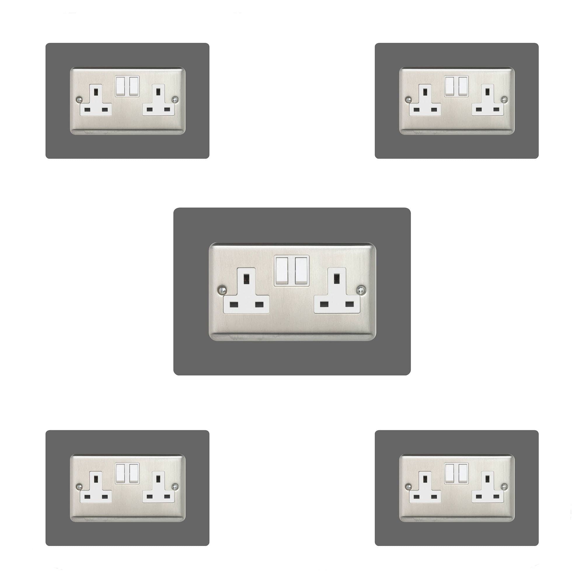 5X Double Socket Surround, Acrylic Back Panel or Plate, Protect Wall from Finger Prints, Font Colour:Dark Grey