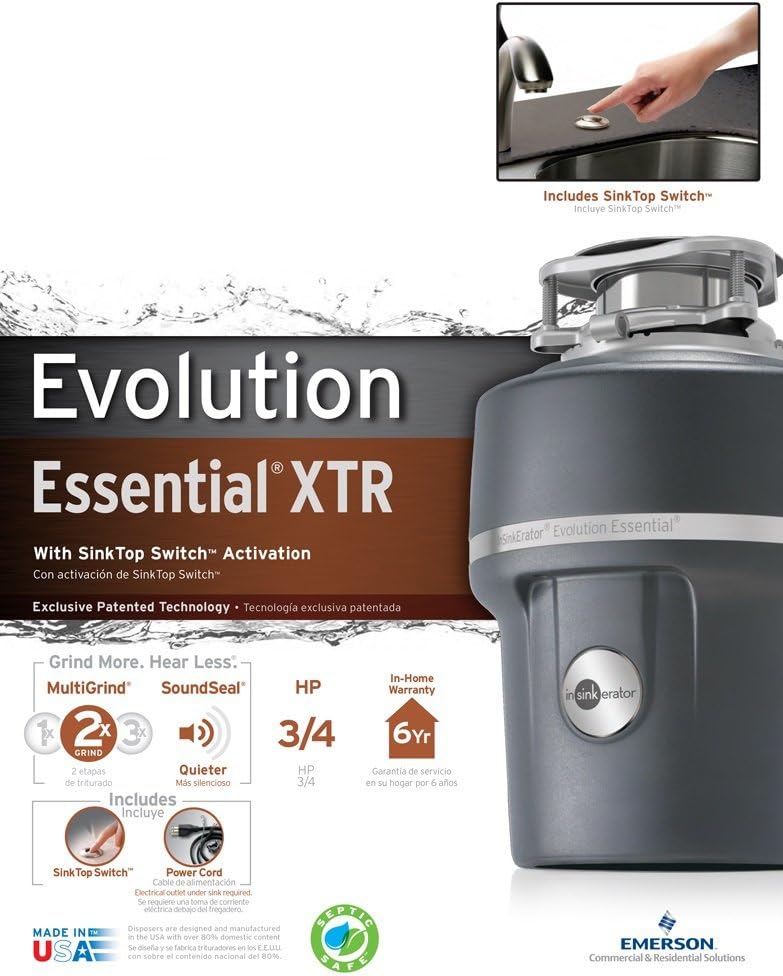 InSinkErator Garbage Disposal + Air Switch + Cord, Evolution Essential XTR, 3/4 HP Continuous Feed - - 