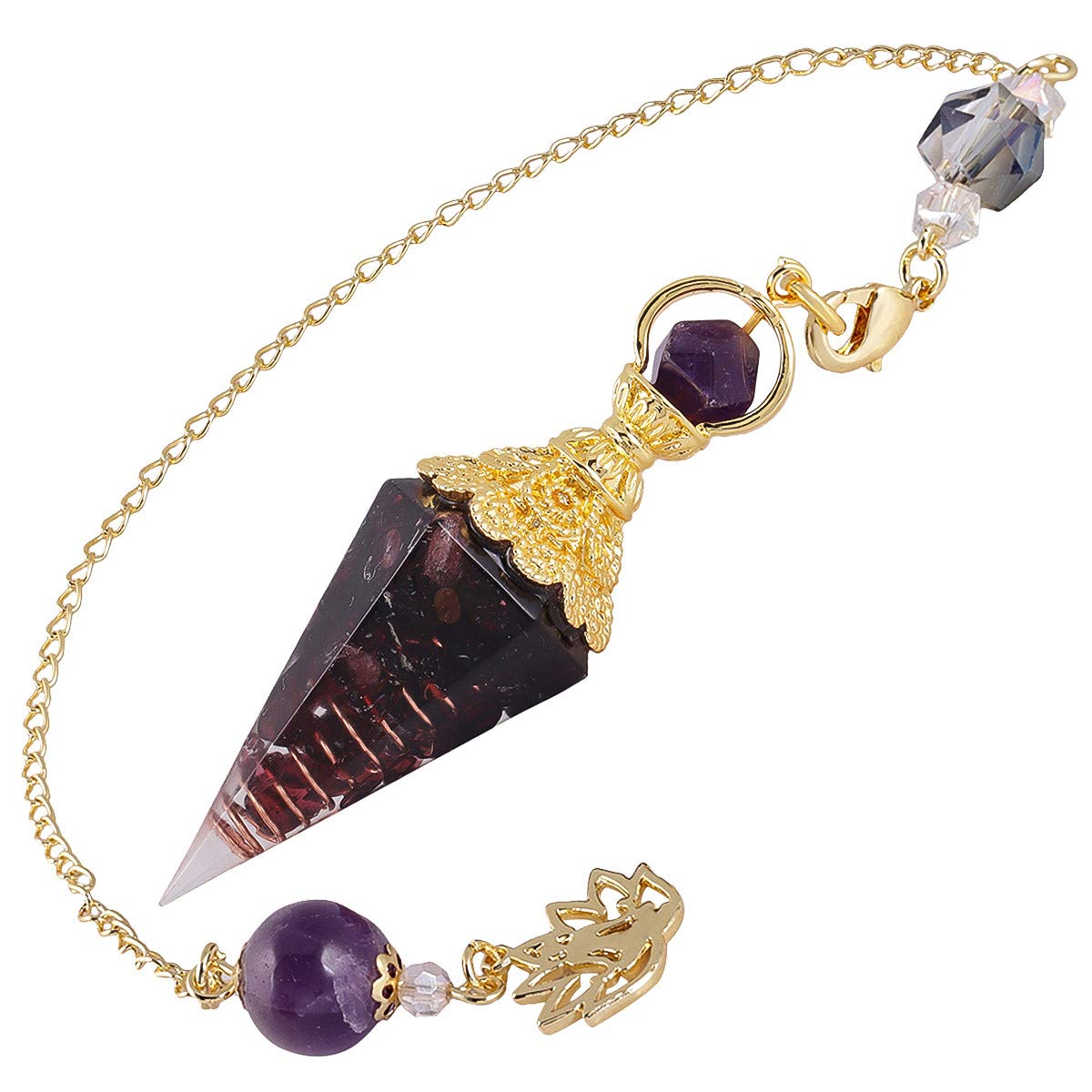 Nupuyai Garnet Healing Crystal Point Dowsing Pendulum for Divination Scrying, Resin Chip Stone Faceted Hexagonal Pendulum with Chain
