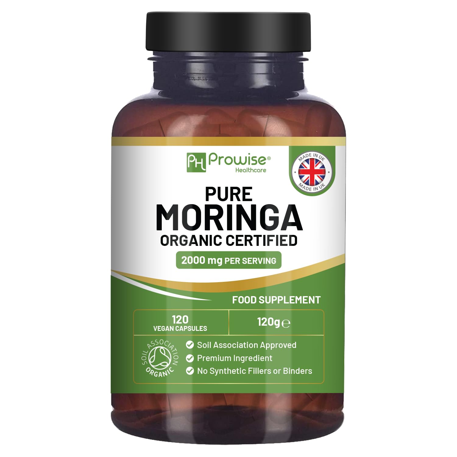 Organic Moringa 2000mg per Serving 120 Vegan Capsules | Moringa Oleifera Leaf Supplement | 100% Natural Soil Association Organic Certified | No Synthetic Binders or Fillers by Prowise