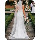 Heread Pearl Wedding Veil for Brides White 1 Tier Fingertip Cathedral Bridal Veils Tulle Hair Accessories with Comb and Cut Edge (35.4“ Length)