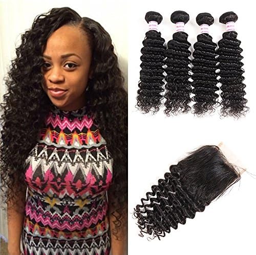 Brazilian Deep Wave With Closure Human Hair Extensions Brazillian Deep Wave Virgin Hair 4 Bundles With Closure Natural Color Deep Curly Brazilian Hair (18 18 20 20 with 16 Free Part)