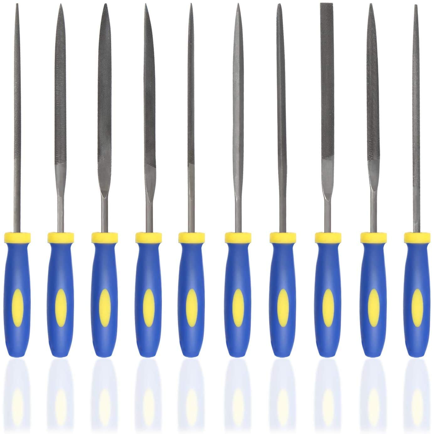 KALIM 10PCS Needle File Set High Carbon Steel File Set with Plastic Non-Slip Handle, Hand Metal Tools for Wood, Plastic, Model, Jewelry, Musical Instrument and DIY (6 Inch Total Length)