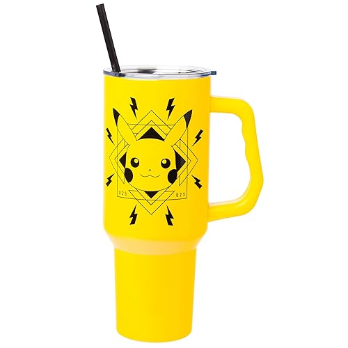 Silver Buffalo Pokémon Lightning Stainless Steel Tumbler with Handle Featuring Pikachu, Fits in Standard Cup Holder, 40 Ounces