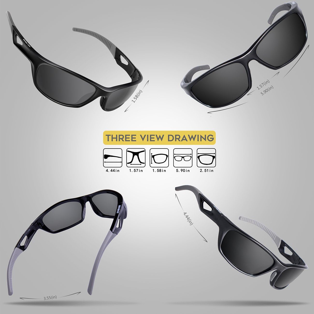 RIVBOS Polarized Sports Sunglasses Driving Sun Glasses Shades for Men Women Tr90 Frame for Cycling Baseball Running Rb831 Black&Grey: Clothing