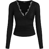CIDER Women Long Sleeve Black Lace Trim V Neck Top Slim Fit Blouse