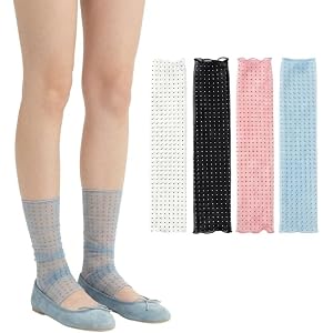 WJIAMPLS Women Mesh Polka Dot Crew Socks 4 Pack Sheer Breathable Stirrup Leg Warmers Ruffle Thin Fashion Socks