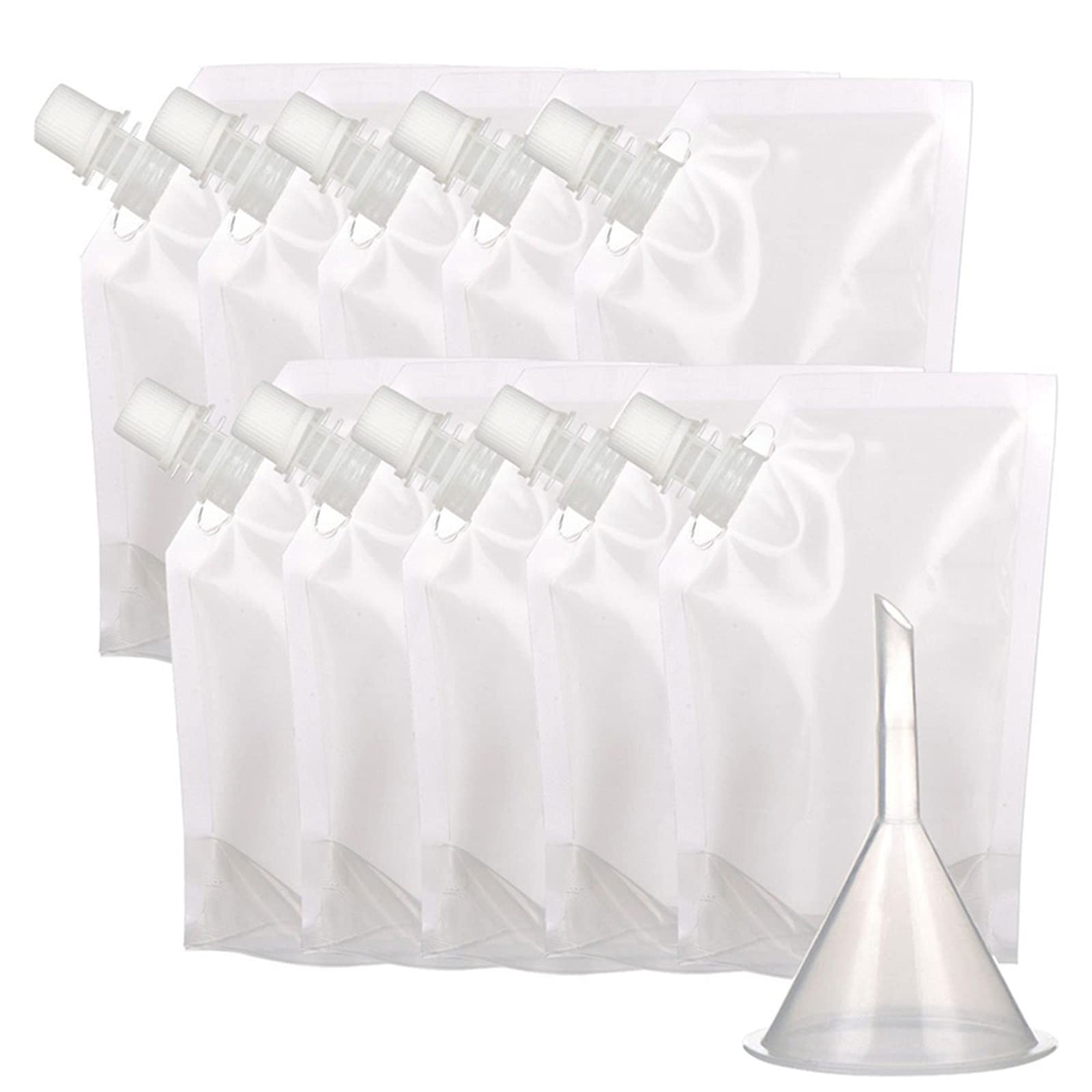 Drink Pouches for Festivals, 10 Pieces 250ml 500ml Liquid Pouches with Funnel, Refillable Juice Pouches Clear Plastic Flasks Hot Cold Beverage Drink Container for Picnic Travel Halloween Christmas