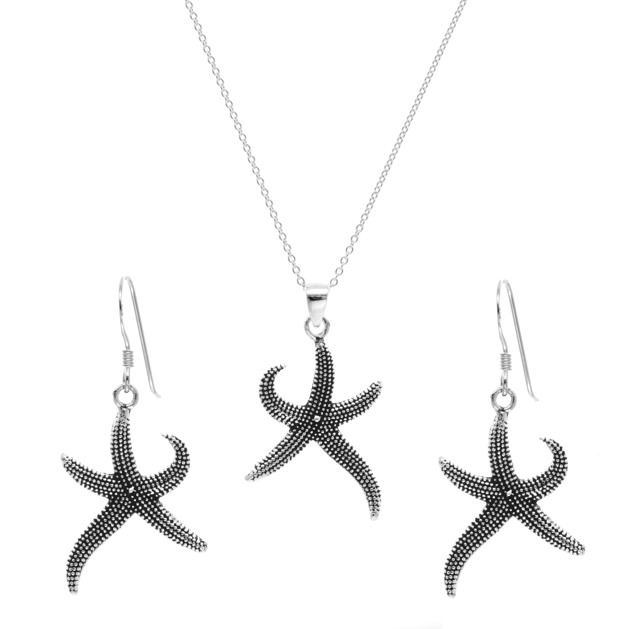 Silverly Women's 925 Sterling Silver Oxidized Starfish Dangle Earrings Pendant Necklace Set, 18"