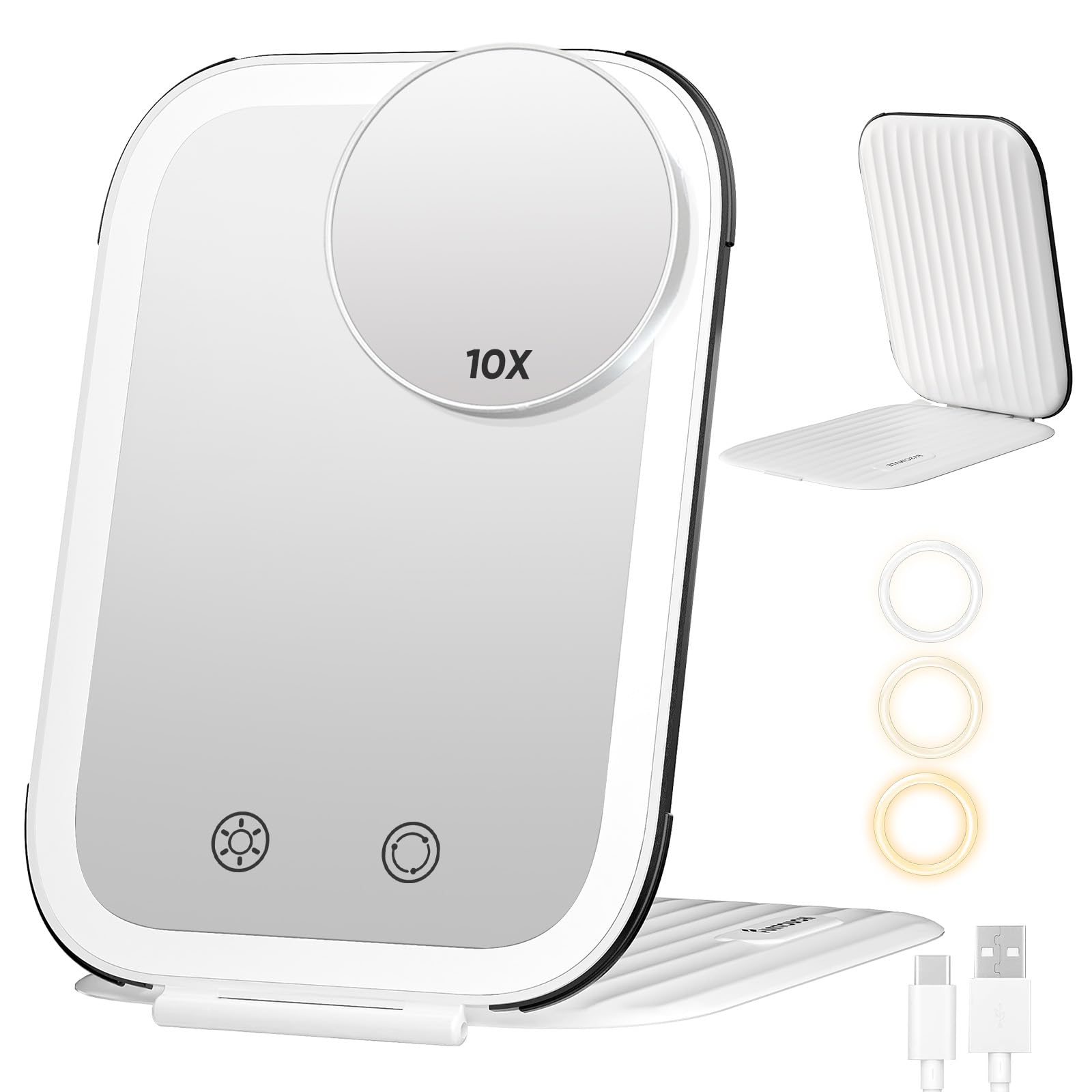 Photo 1 of FUNTOUCH Rechargeable Travel Makeup Mirror with Lights and Small 10X Magnification,Light up Portable Vanity Mirror with 80 Leds,2000mAh Battery,Brightness Adjustable,3 Lighting, Dimming Compact Mirror