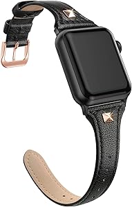 SWEES Genuine Leather Band Compatible for iWatch 38mm 40mm, Slim Thin Soft Dressy Stylish Elegant Bling Rivet Stud Bands Strap Compatible for iWatch Series 5, 4, 3, 2, 1, Sports & Edition Women, Black