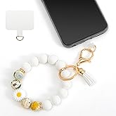 Poagoep Silicone Beaded Phone Wrist Strap, Phone Wristlet Strap with Tether Tab, Elastic Hands-Free Daisy Wristlet Bracelet(White)