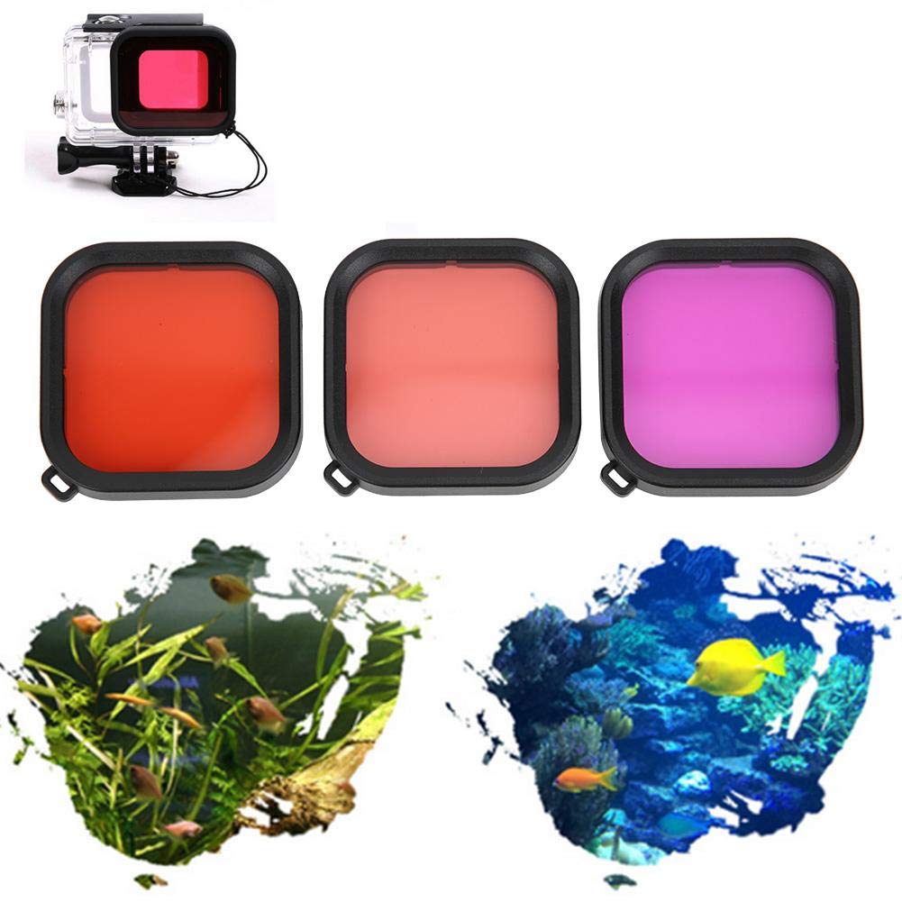 Mavis Laven Camera Lens Filter Kit, 3pcs Diving Kit for GoPro 8 Waterproof Housing Case, ABS Material, Red, Light Red, Purple