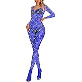 LUCKELF Womens Classic Fishnet Bodystocking Lingerie Party Sparkle Rhinestone Stockings One Piece