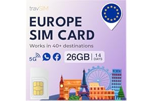 travSIM Europe SIM Card | 26GB of Data (4G/5G speeds) | Valid for 14 Days | Data Only SIM | Use VOIP apps for browsing and me
