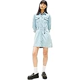 Tommy Jeans Womens Long Sleeve Denim Trucker Mini Dress with Embroidered Flag Logo