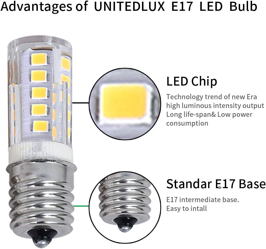 WTINTELL E17 LED Bulb, Equivalent to 40 Watt Halogen Bulb), dimmable, Microwave Refrigerator and Smoking Machine Bulb, AC110-130V, 4W White 6500K (Pack of 2) - - 