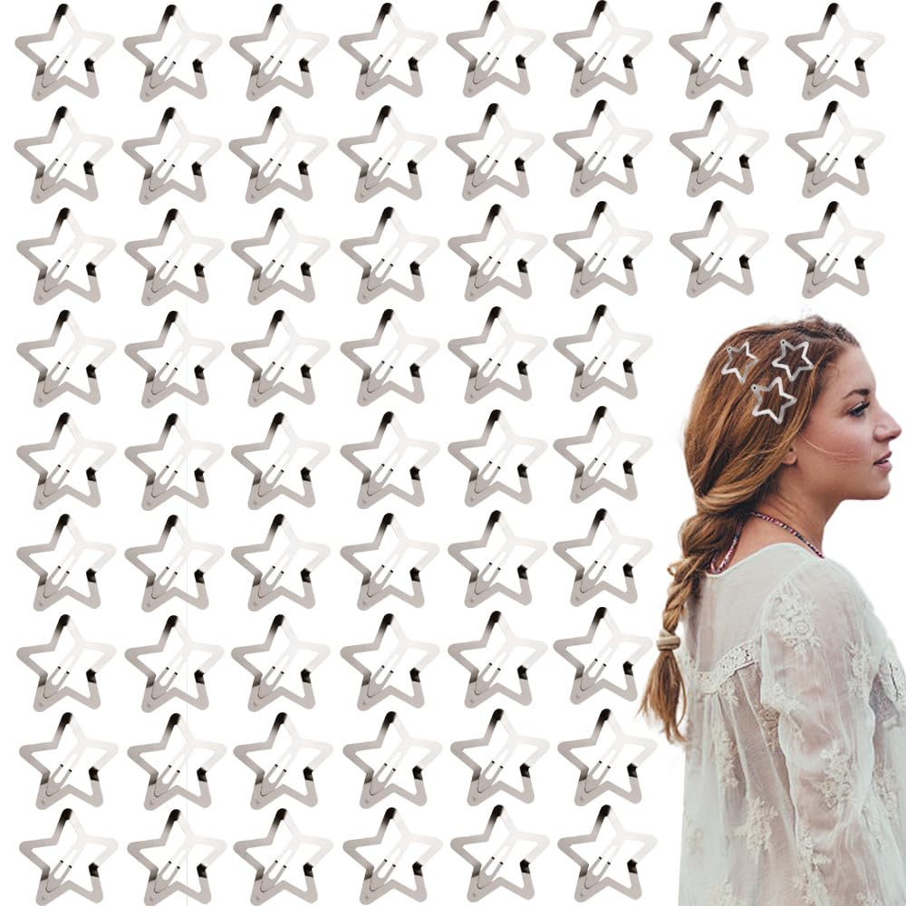 TRKETK 60 Pcs Hair Clips Metal Star Snap Hair Clips Silver Star Hair Clips Hollow Star Hair Clips Non-Slip Snap Hair Barrettes Accessories for Women Girls Lovely Star Headpieces Hair Accessories