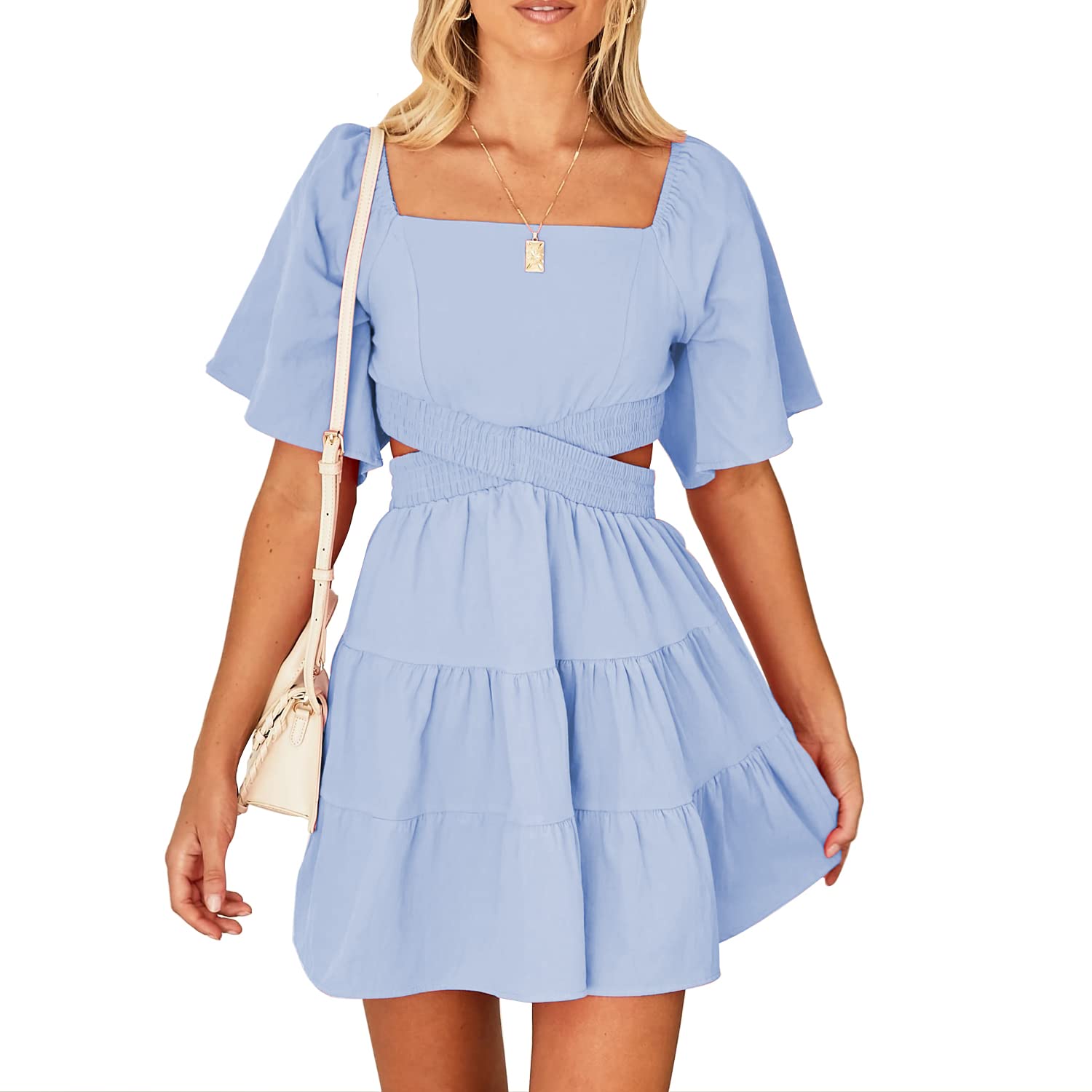 Square Neck Velvet Short Sleeves Knee-Length Dress Ink Blue main image 1