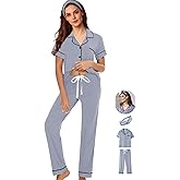 WJing Yi Jia 3Pcs Soft Pajama Sets For Women XS-XXL Womens Pajamas Set Sleepwear Button Down Short Sleeve Long Pants Pj sets