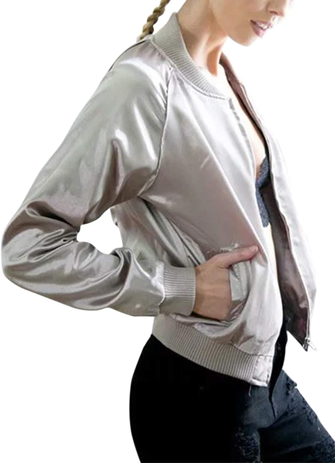 Women's Bomber Jacket Zip Up Lightweight Classic Short Jacket Baseball Jacket Coat
