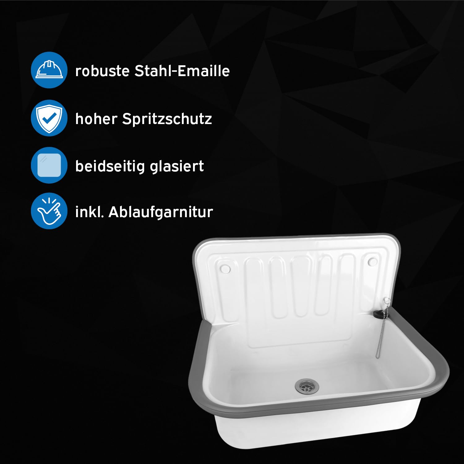 kör4u Ausgussbecken weiß 50cm, aus robustem Stahl für Keller, Waschküche, Garten, Spülbecken, inkl. Abflussstopfen 4