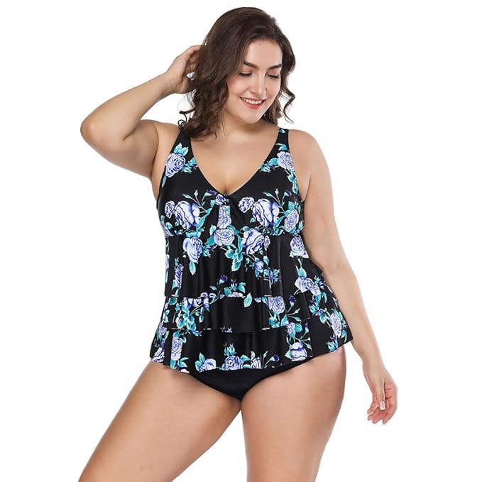 FeelinGirl Bikini Tankini Bademode Badeanzug Damen Plus Size Blumenmuster Swimsuit Retro Vintage High Waist Bikini Set Übergr
