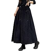 ebossy Women's Corduroy Maxi Skirt Elastic High Waist Drawstring Tie Front A-Line Pleated Long Skirt with Pockets